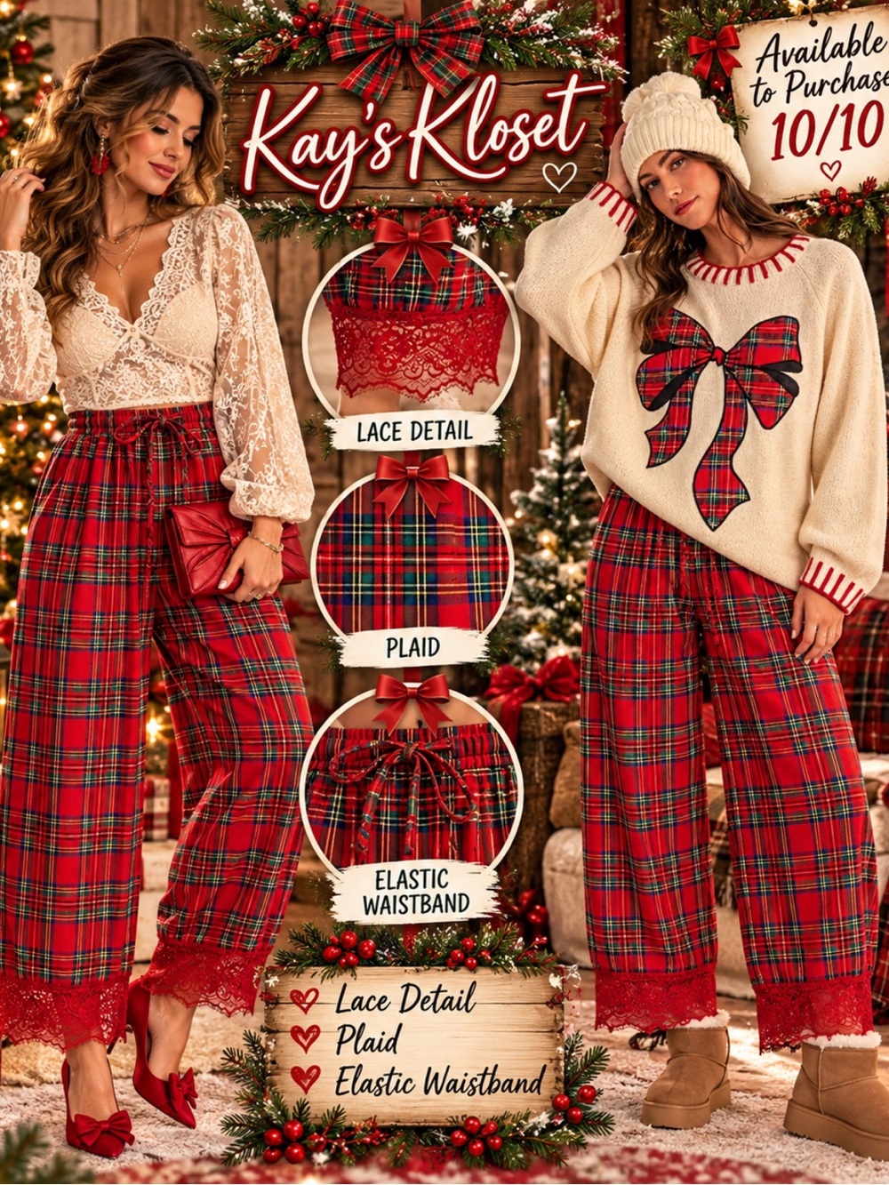 KW6–❤️💚 (ETA 10/10) Red Plaid Lace-Trim Wide Leg Pants